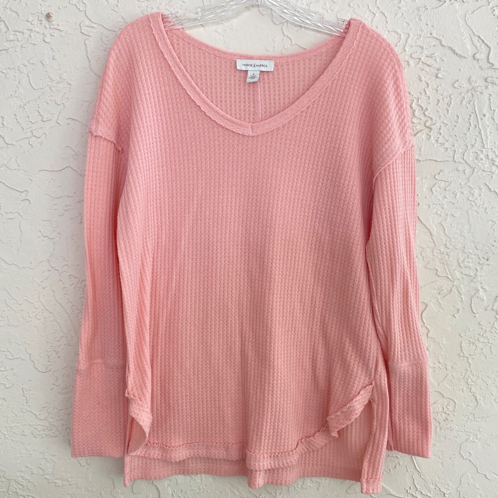 Vintage America Soft Girl Waffle Knit Top Women S Pastel Pink V-Neck Relaxed Fit